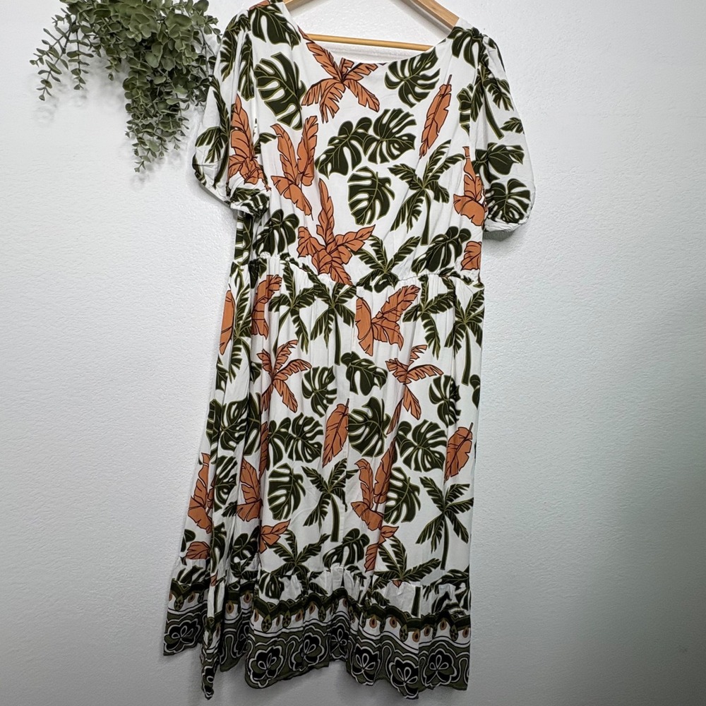 BloomChic Tropical Palm Leaf Midi Dress White Rust Green Plus Size 18-20 NEW - Picture 10 of 10